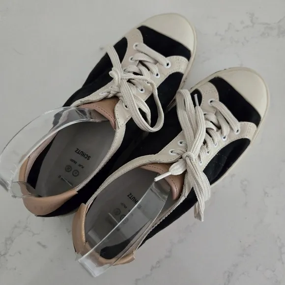 Schutz Gizella Colorblock Low-Top Platform Sneakers Cream Black Tan Brown 10
