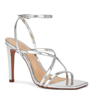 Schutz Revolve Heeled Sandal Bari Strappy Stiletto Square Toe Metallic Silver