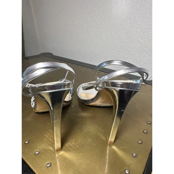 Schutz Revolve Heeled Sandal Bari Strappy Stiletto Square Toe Metallic Silver