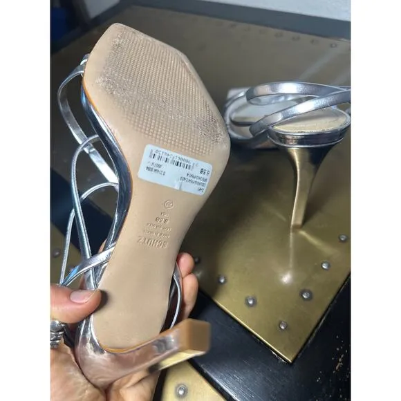 Schutz Revolve Heeled Sandal Bari Strappy Stiletto Square Toe Metallic Silver