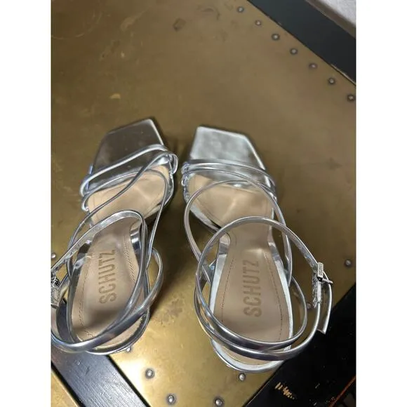 Schutz Revolve Heeled Sandal Bari Strappy Stiletto Square Toe Metallic Silver