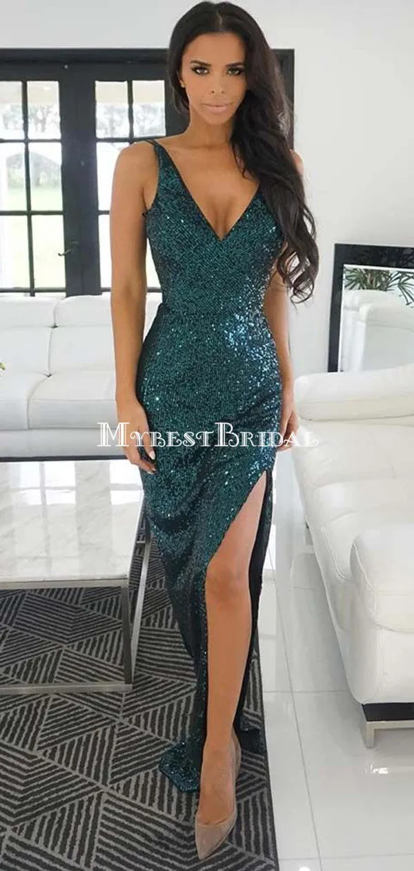 Sexy V-neck Green Sequin Side Slit Mermaid Long Cheap Prom Dresses, PDS0105