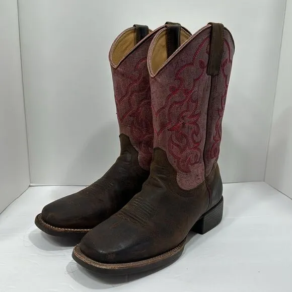 Shyanne Western Leather Embroidered Square Toe Brown Pink Cowgirl Rodeo Boots