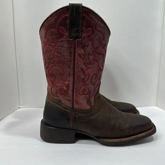 Shyanne Western Leather Embroidered Square Toe Brown Pink Cowgirl Rodeo Boots