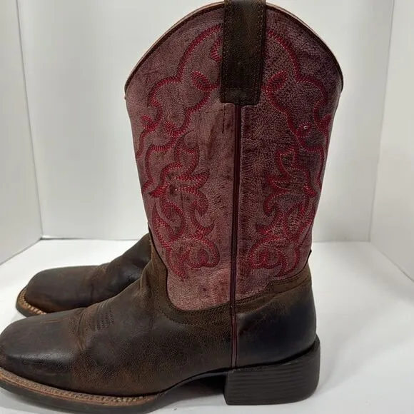 Shyanne Western Leather Embroidered Square Toe Brown Pink Cowgirl Rodeo Boots