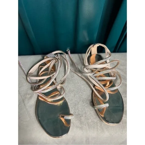 Simmi London Averie Rose Gold Lace Up Diamante Rhinestone Sandals Shoes Size 11