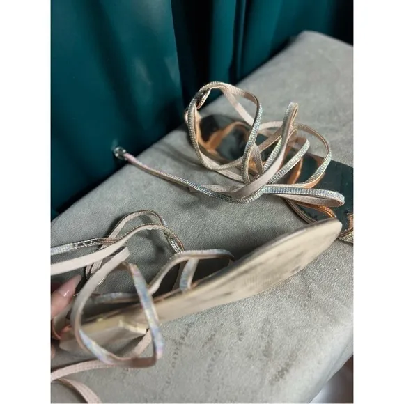 Simmi London Averie Rose Gold Lace Up Diamante Rhinestone Sandals Shoes Size 11