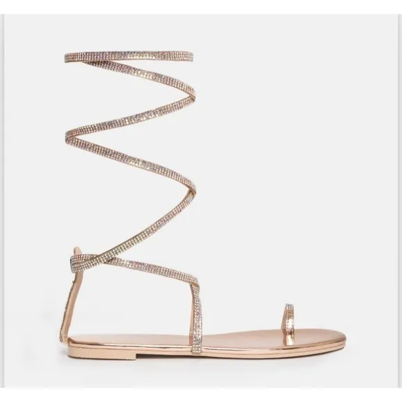 Simmi London Averie Rose Gold Lace Up Diamante Rhinestone Sandals Shoes Size 11