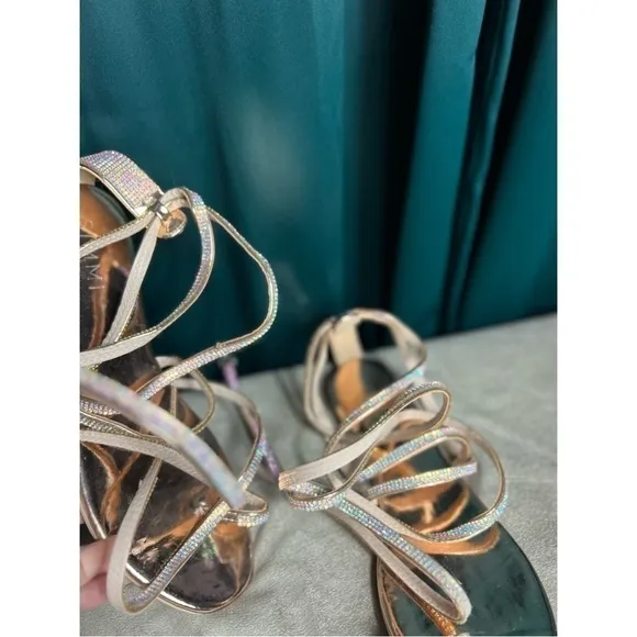 Simmi London Averie Rose Gold Lace Up Diamante Rhinestone Sandals Shoes Size 11