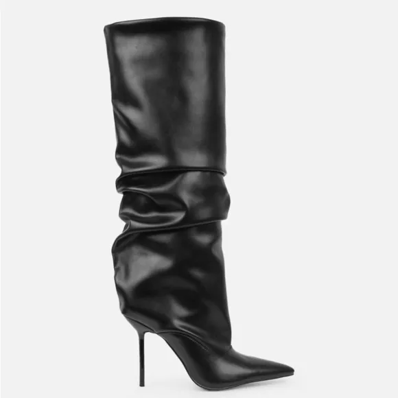 Simmi London • RAMI BLACK RUCHED STILETTO KNEE HIGH BOOTS