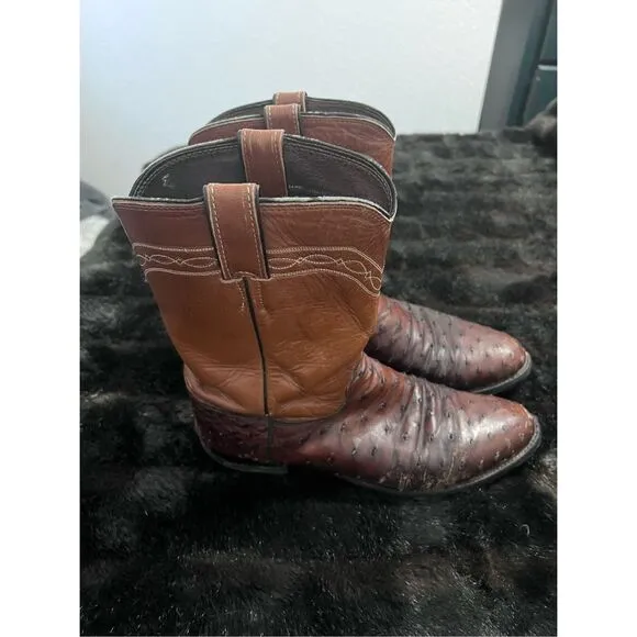 Size 10.5 D Justin 3105 Exotic Ostrich Roper Toe Boots Full Quill Western