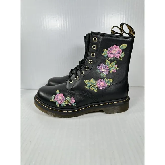 Size 7 Womens Dr Martens 1460 Vonda ll Boots Black Nappa Lux Pink Rose Floral