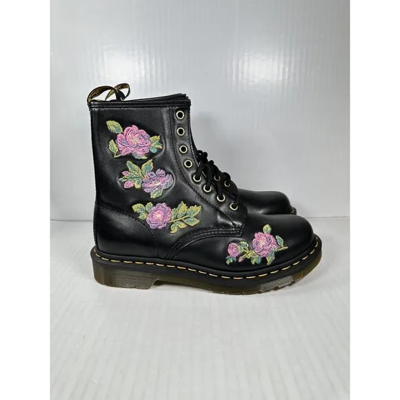 Size 7 Womens Dr Martens 1460 Vonda ll Boots Black Nappa Lux Pink Rose Floral