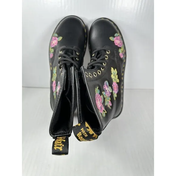 Size 7 Womens Dr Martens 1460 Vonda ll Boots Black Nappa Lux Pink Rose Floral