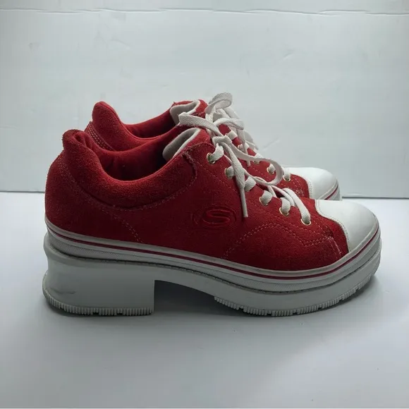 Skechers Retro Red Heartbeats Softy Heeled Sneakers Size 8 Y2K Laces