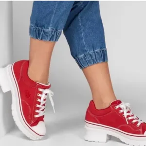 Skechers Retro Red Heartbeats Softy Heeled Sneakers Size 8 Y2K Laces