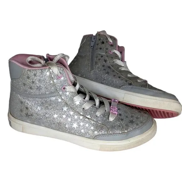 Skechers Stars &amp; Sparkles Girl's Pre-owned Silver/Pink High Top&quot; Sneakers- sz. 5