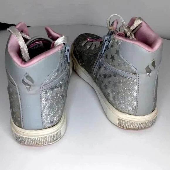 Skechers Stars &amp; Sparkles Girl's Pre-owned Silver/Pink High Top&quot; Sneakers- sz. 5