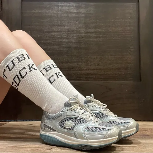 SKECHERS Y2K 90s Vibes Grey Blue Leather Shape-Ups Chunky Platform Sneakers