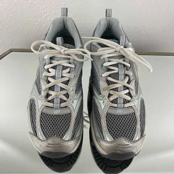 SKECHERS Y2K 90s Vibes Grey Blue Leather Shape-Ups Chunky Platform Sneakers
