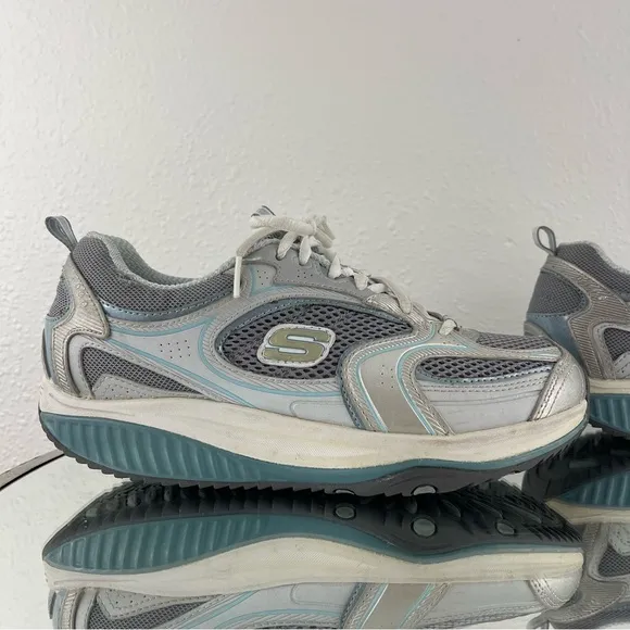 SKECHERS Y2K 90s Vibes Grey Blue Leather Shape-Ups Chunky Platform Sneakers