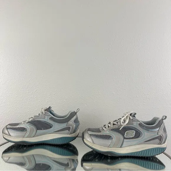 SKECHERS Y2K 90s Vibes Grey Blue Leather Shape-Ups Chunky Platform Sneakers