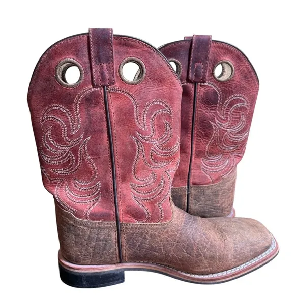 Smokey Mountain Kids Western Cowboy Boots 5.5 Square Toe Pull On Red Leather