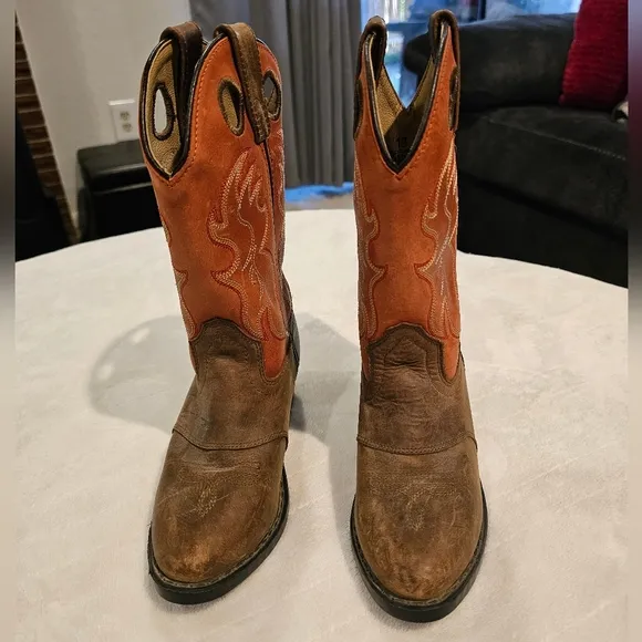Smokey Mountain Leather Western Boots Round Toe Youth Sz 13 Brown/Orange EUC