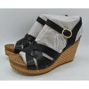 Sofft Womens Size 8 Carlana Black Leather Wedge Sandals Shoes