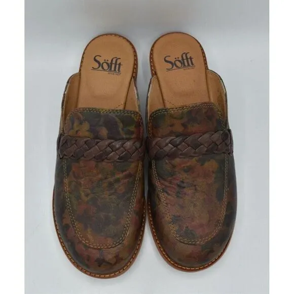 Sofft Womens Size 7 Nels Taupe Floral Leather Slip On Loafer Mules Shoes