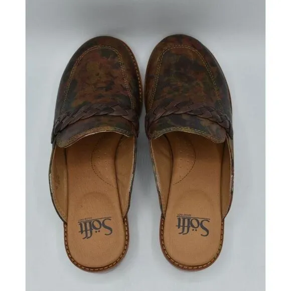 Sofft Womens Size 7 Nels Taupe Floral Leather Slip On Loafer Mules Shoes