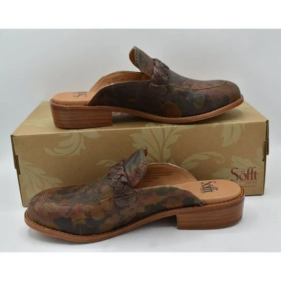 Sofft Womens Size 7 Nels Taupe Floral Leather Slip On Loafer Mules Shoes