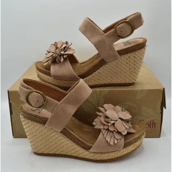 Sofft Womens Size 7.5 Cali Rose Taupe Suede Wedge Sandals Shoes