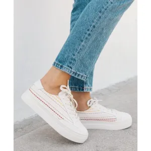Soludos Quilted Striped Sneakers Women 8.5 White Rainbow Embroidery School Casua