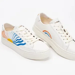 Soludos Women Ibiza Platform Leather Sneakers White Groovy Wave School Rainbow