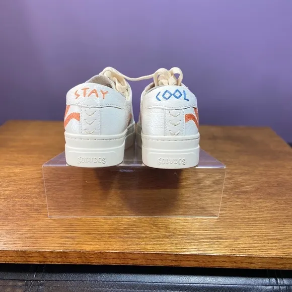 Soludos Women Ibiza Platform Leather Sneakers White Groovy Wave School Rainbow