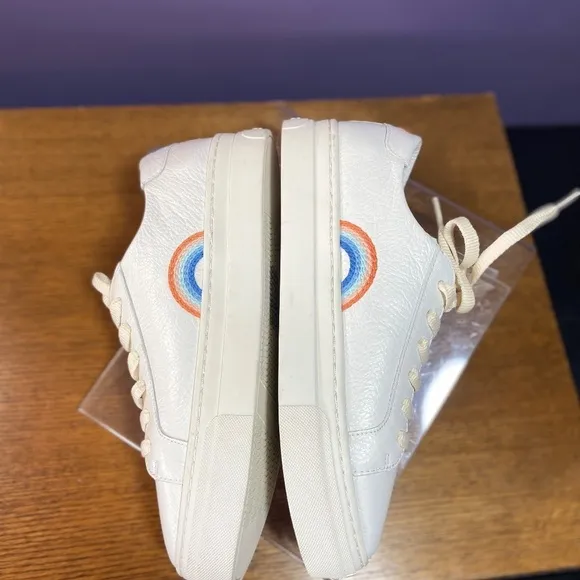 Soludos Women Ibiza Platform Leather Sneakers White Groovy Wave School Rainbow