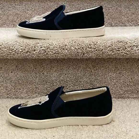 Soludos Women’s Navy Velvet Llama Shoes Embroidered Slip On Sneakers Size 7
