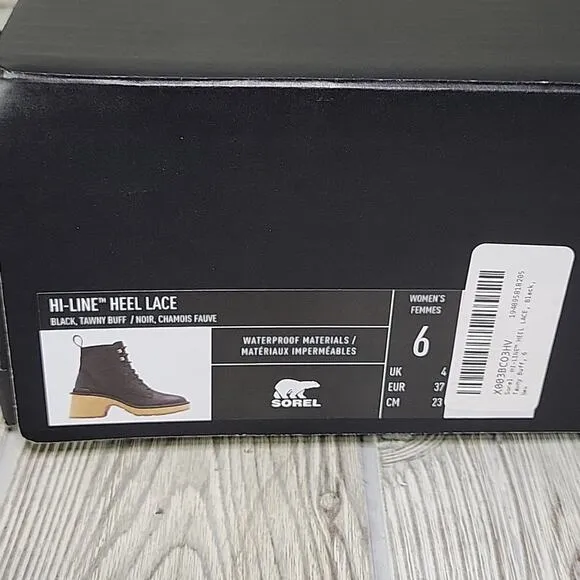 Sorel Hi-Line Lace Up Waterproof Black Leather Boots Womens Size 6 NEW