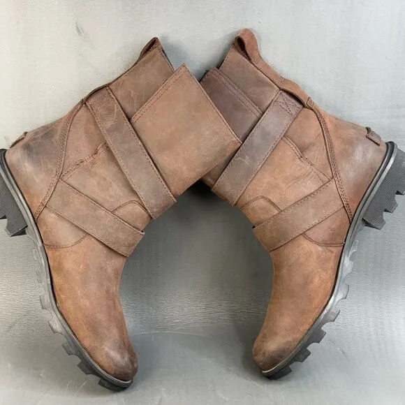 Sorel Phoenix Moto Women's Leather Ankle Boots Shoes Brown size 10