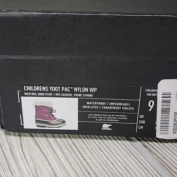 Sorel Yoot Pac Nylon Dark Purple Waterproof Winter Boots Kids Toddler Size 9 NEW
