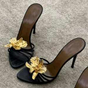 Spring/Summer New Rhinestone Metallic Flower Open Toe Strap Buckle Sandals