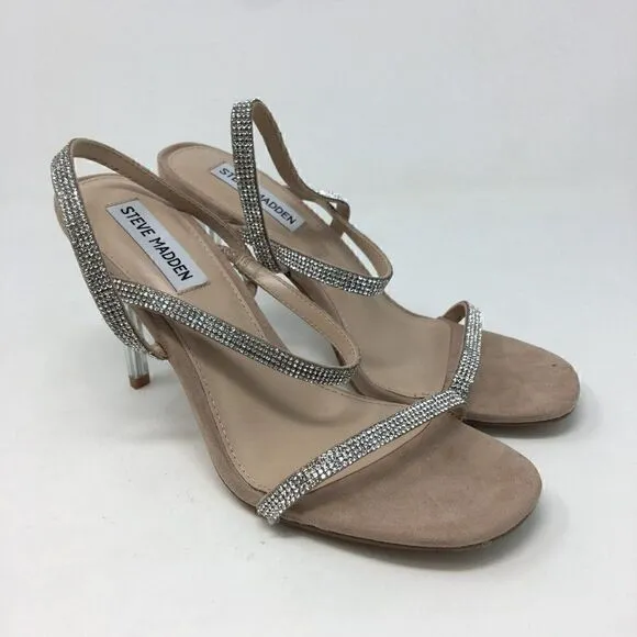 Steve Madden Women's Heels Tan Silver Size 7.5 Snappy Glass Rhinestone Strappy