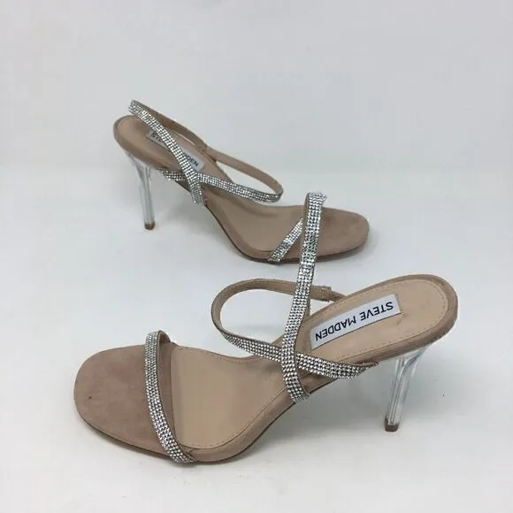 Steve Madden Women's Heels Tan Silver Size 7.5 Snappy Glass Rhinestone Strappy