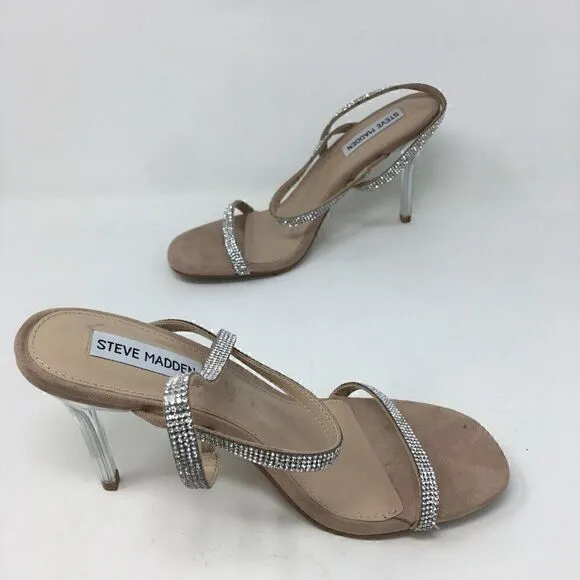 Steve Madden Women's Heels Tan Silver Size 7.5 Snappy Glass Rhinestone Strappy