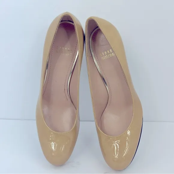 STUART WEITZMAN PATENT LEATHER STILETTO ROUND TOE PUMPS,TAN,6.5M, MADE IN SPAIN