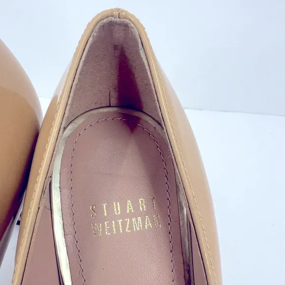 STUART WEITZMAN PATENT LEATHER STILETTO ROUND TOE PUMPS,TAN,6.5M, MADE IN SPAIN