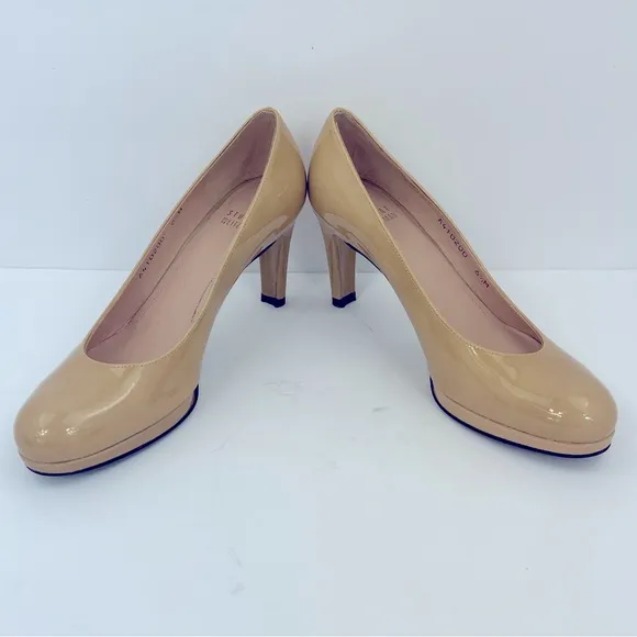 STUART WEITZMAN PATENT LEATHER STILETTO ROUND TOE PUMPS,TAN,6.5M, MADE IN SPAIN