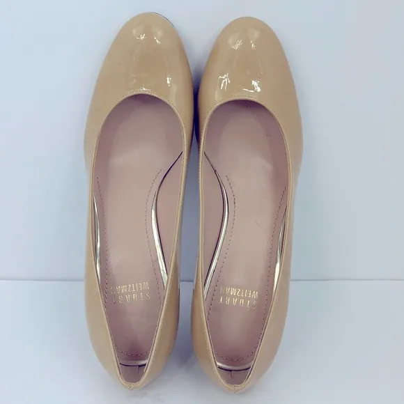 STUART WEITZMAN PATENT LEATHER STILETTO ROUND TOE PUMPS,TAN,6.5M, MADE IN SPAIN