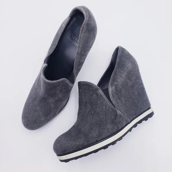 Stuart Weitzman Wedge Pump Shoes Gray Canvas Slip On Women's Size 7.5